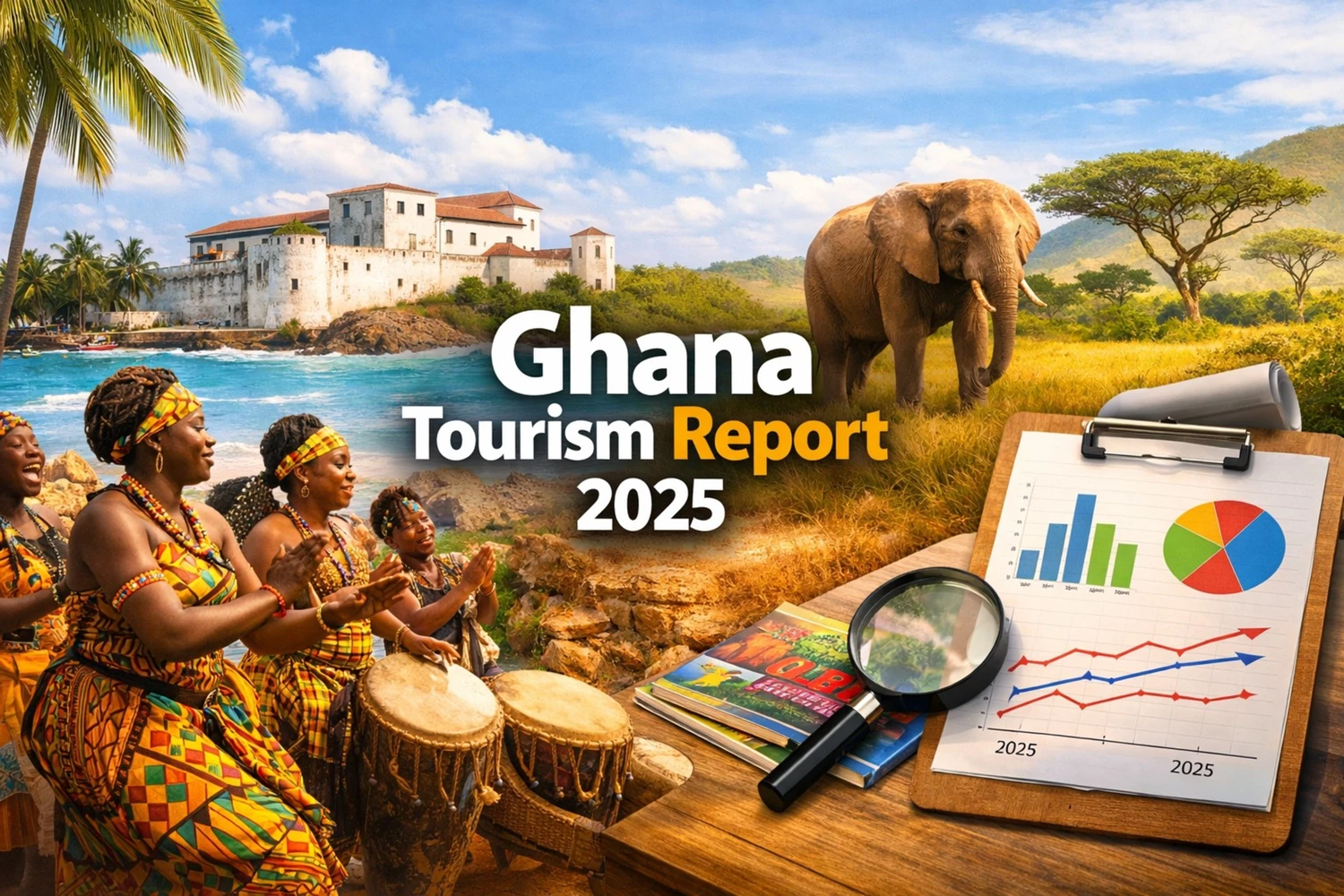 Photorealistic montage showing Elmina Castle, Ghanaian cultural dancers in vibrant kente cloth, an elephant in the savannah, and tourism data charts under a bright sky.